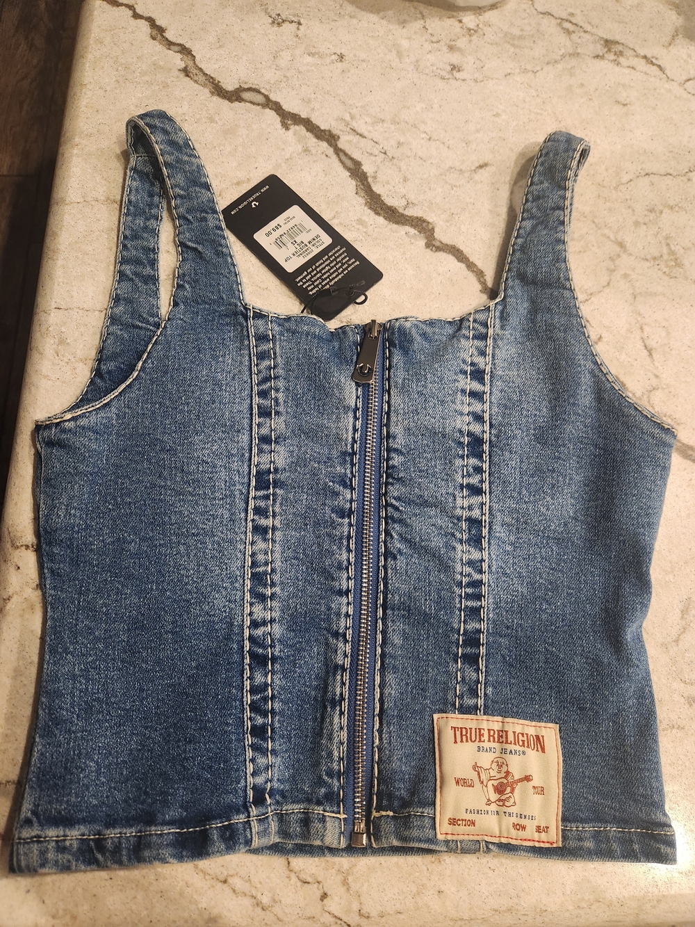 True Religion Denim Crop Tank Top in Medium Blue - Picture 4 of 5